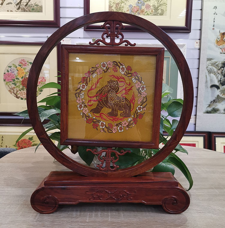 花梨木云锦双面旋转大屏风